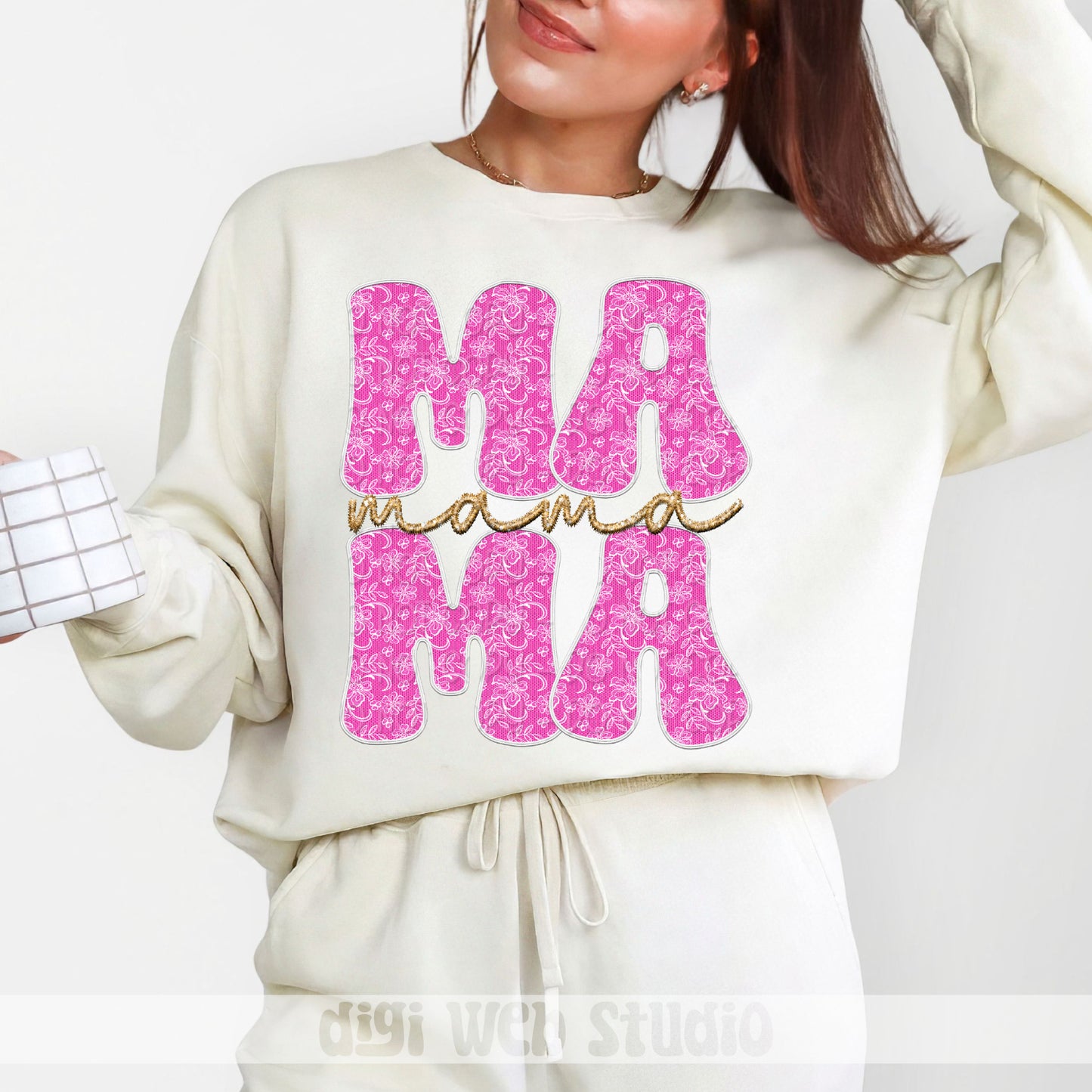 Faux Embroidery Lace Mama (Pink and White) 1 - 2025 Digital PNG Design