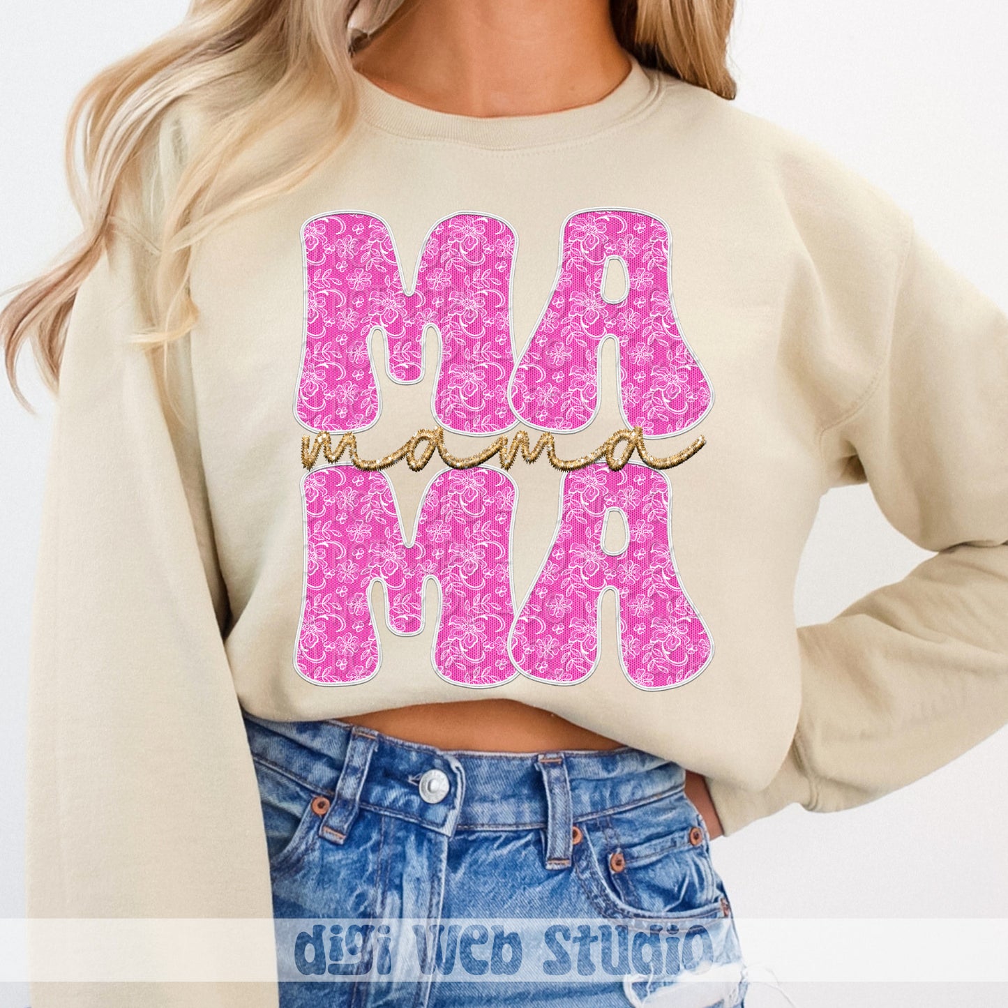 Faux Embroidery Lace Mama (Pink and White) 1 - 2025 Digital PNG Design
