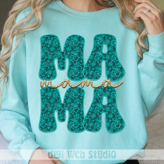 Faux Embroidery Lace Mama (Teal) 1 - 2025 Digital PNG Design