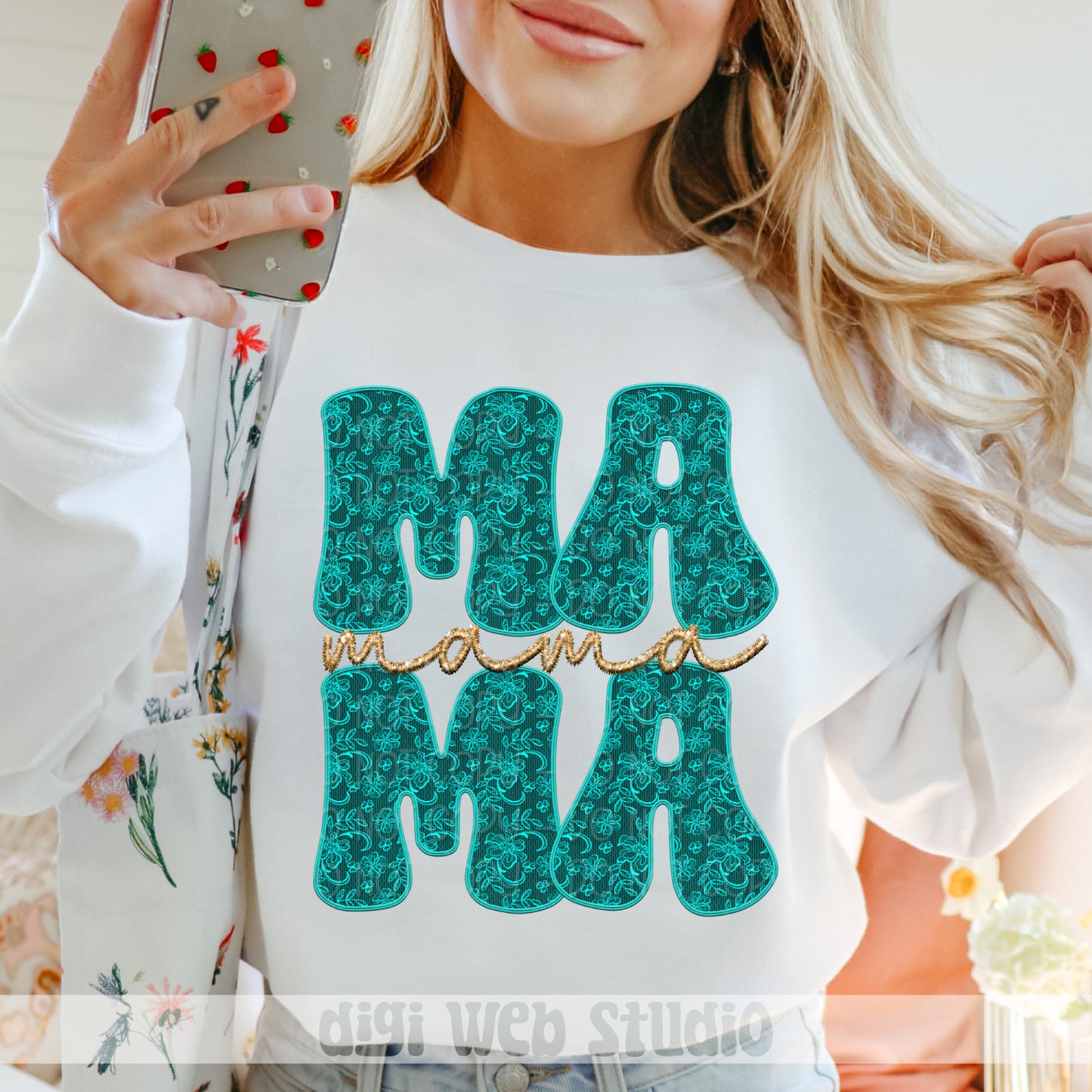 Faux Embroidery Lace Mama (Teal) 1 - 2025 Digital PNG Design