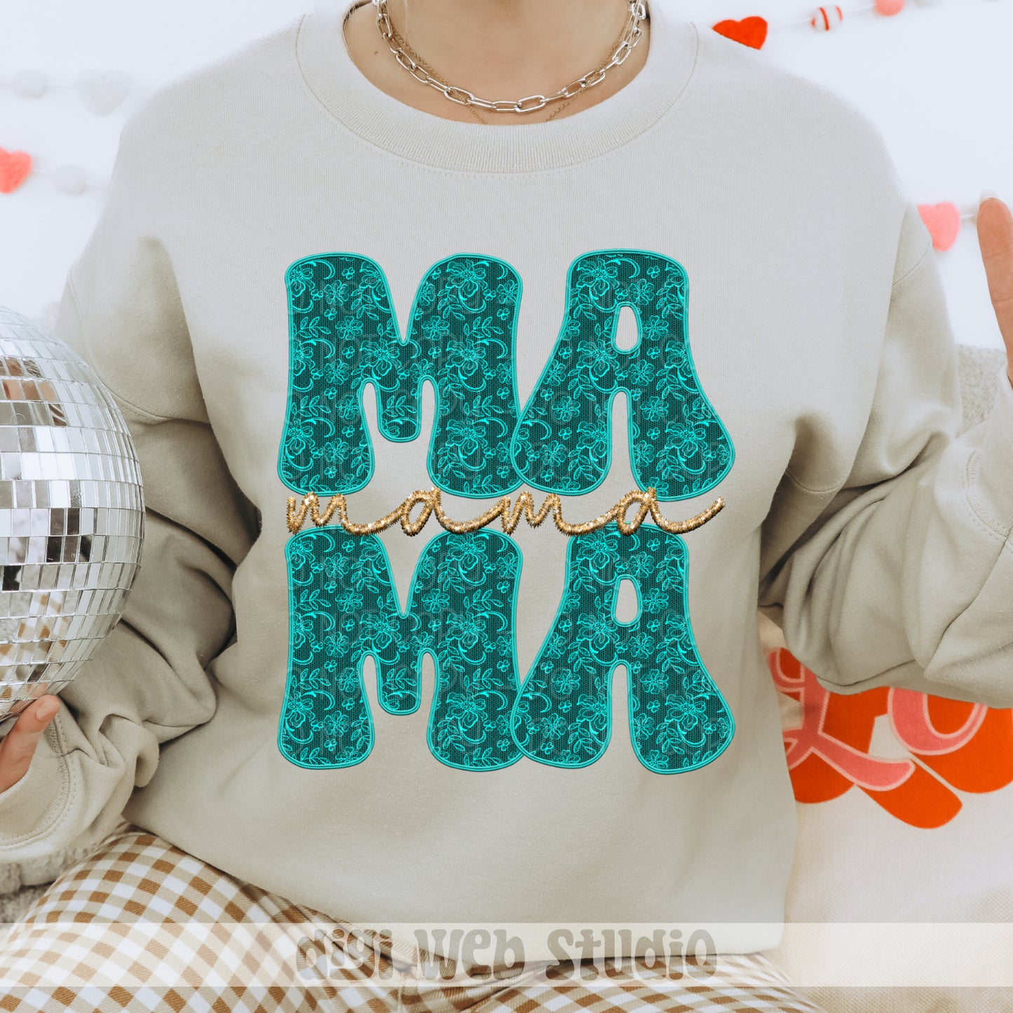 Faux Embroidery Lace Mama (Teal) 1 - 2025 Digital PNG Design