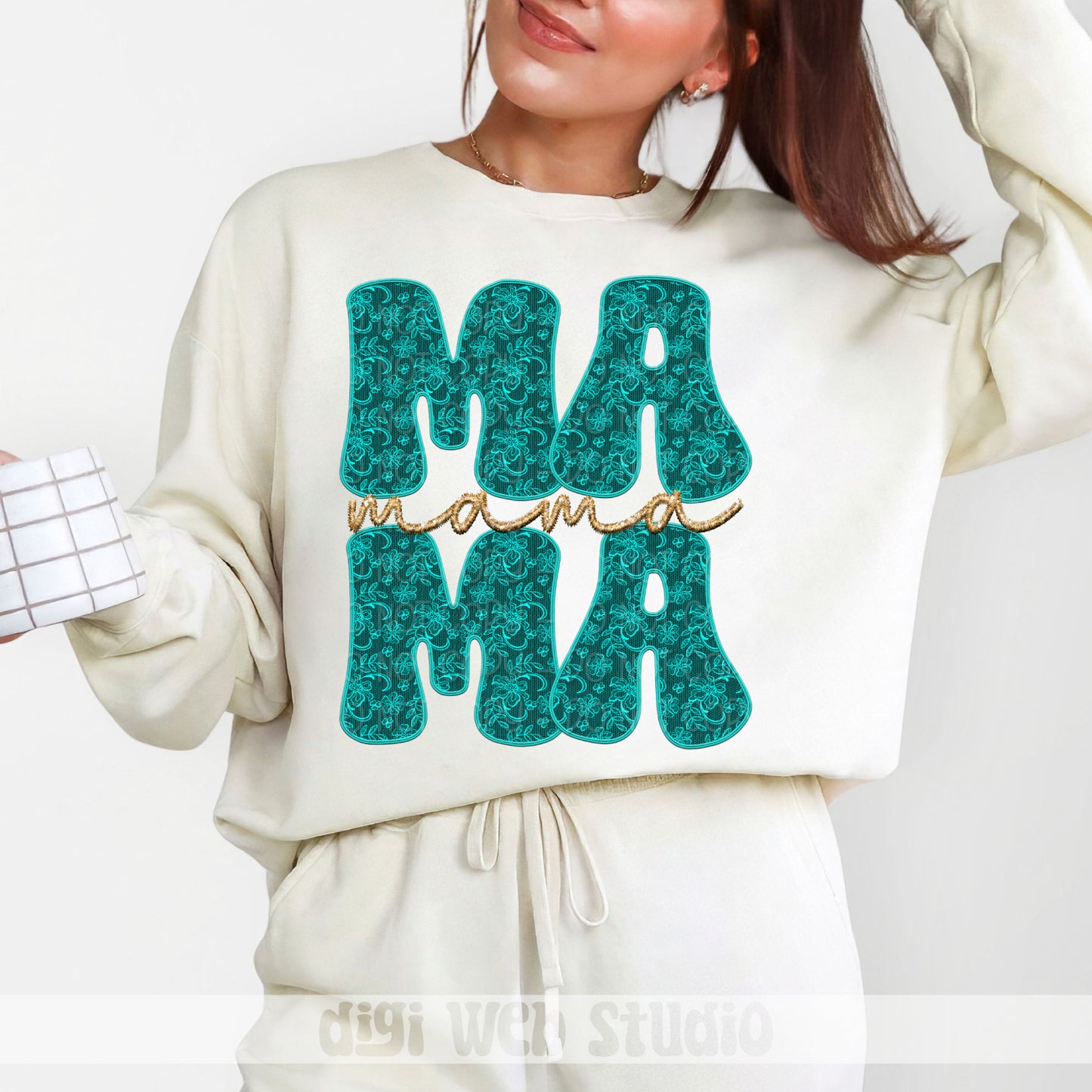 Faux Embroidery Lace Mama (Teal) 1 - 2025 Digital PNG Design