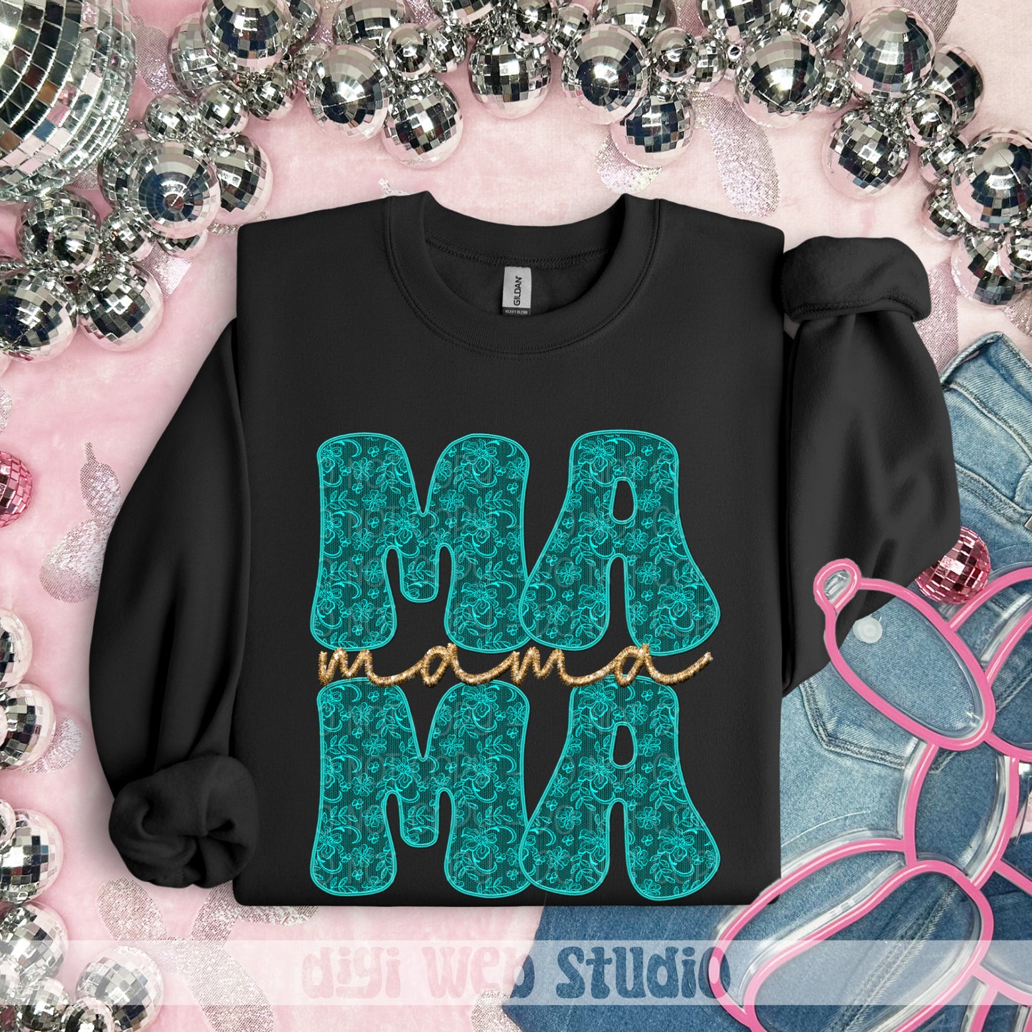 Faux Embroidery Lace Mama (Teal) 1 - 2025 Digital PNG Design