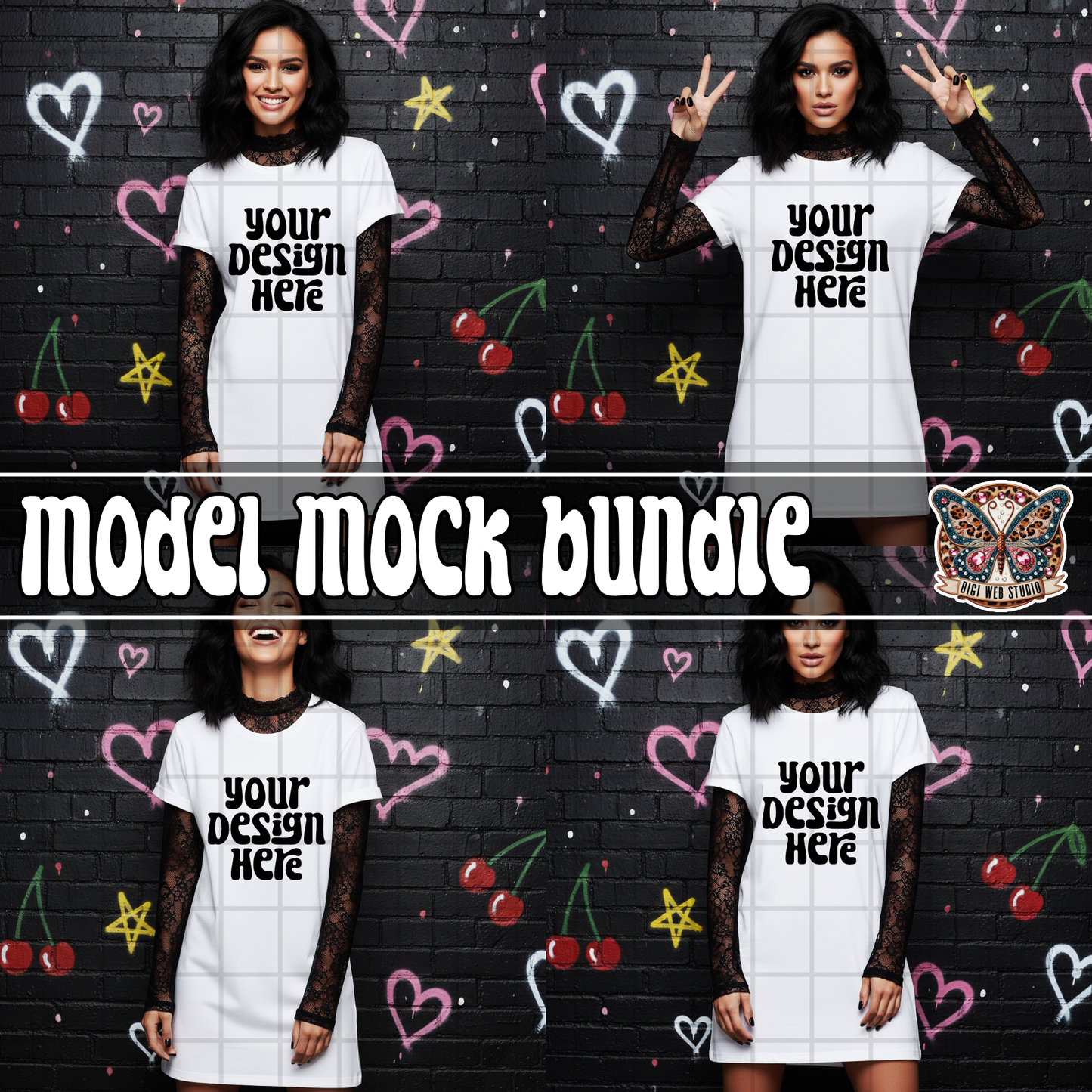 Model In Oversized Shirt w/ Black Lace Long Sleeve 1 - Mock Bundle