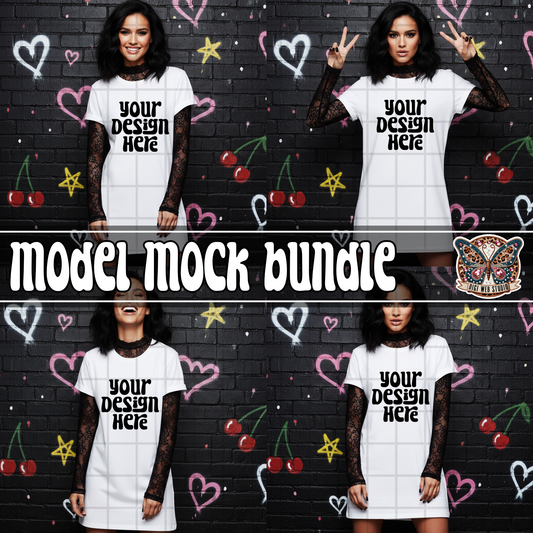 Model In Oversized Shirt w/ Black Lace Long Sleeve 1 - Mock Bundle