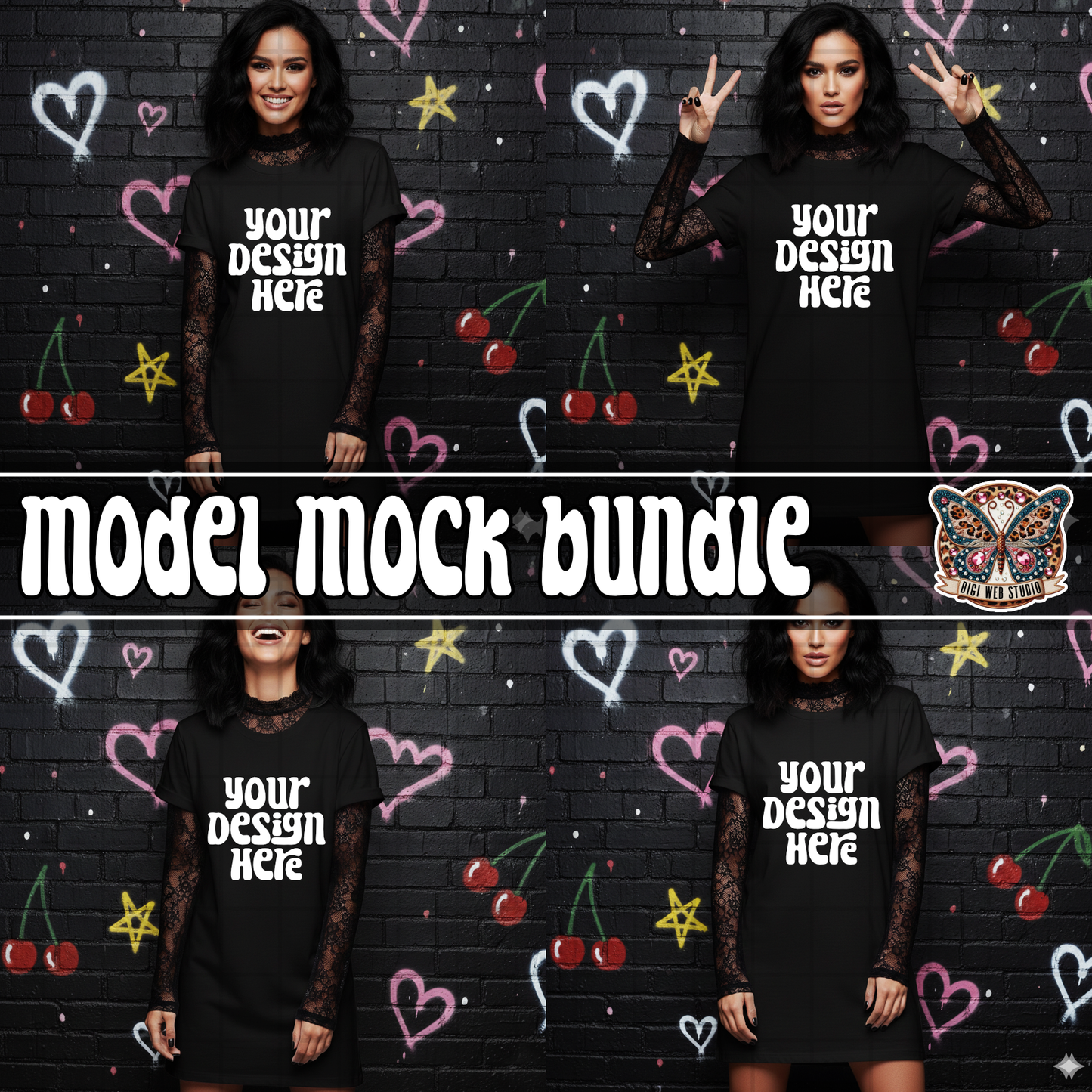 Model In Oversized Shirt w/ Black Lace Long Sleeve 2 - Mock Bundle