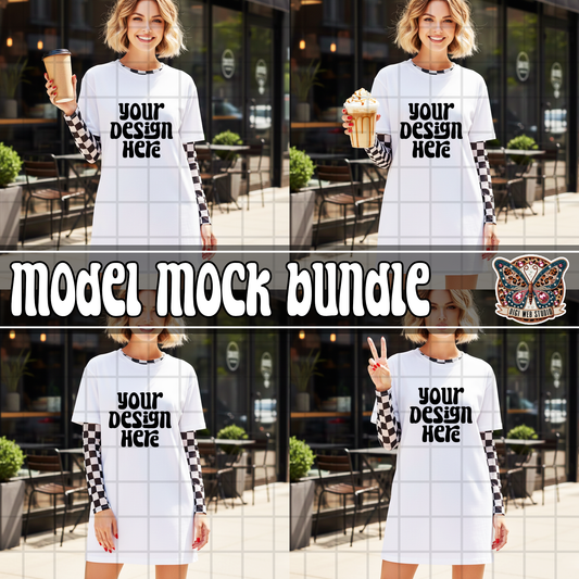 Model In Oversized Shirt w/ Checker Long Sleeve 1 - Mock Bundle