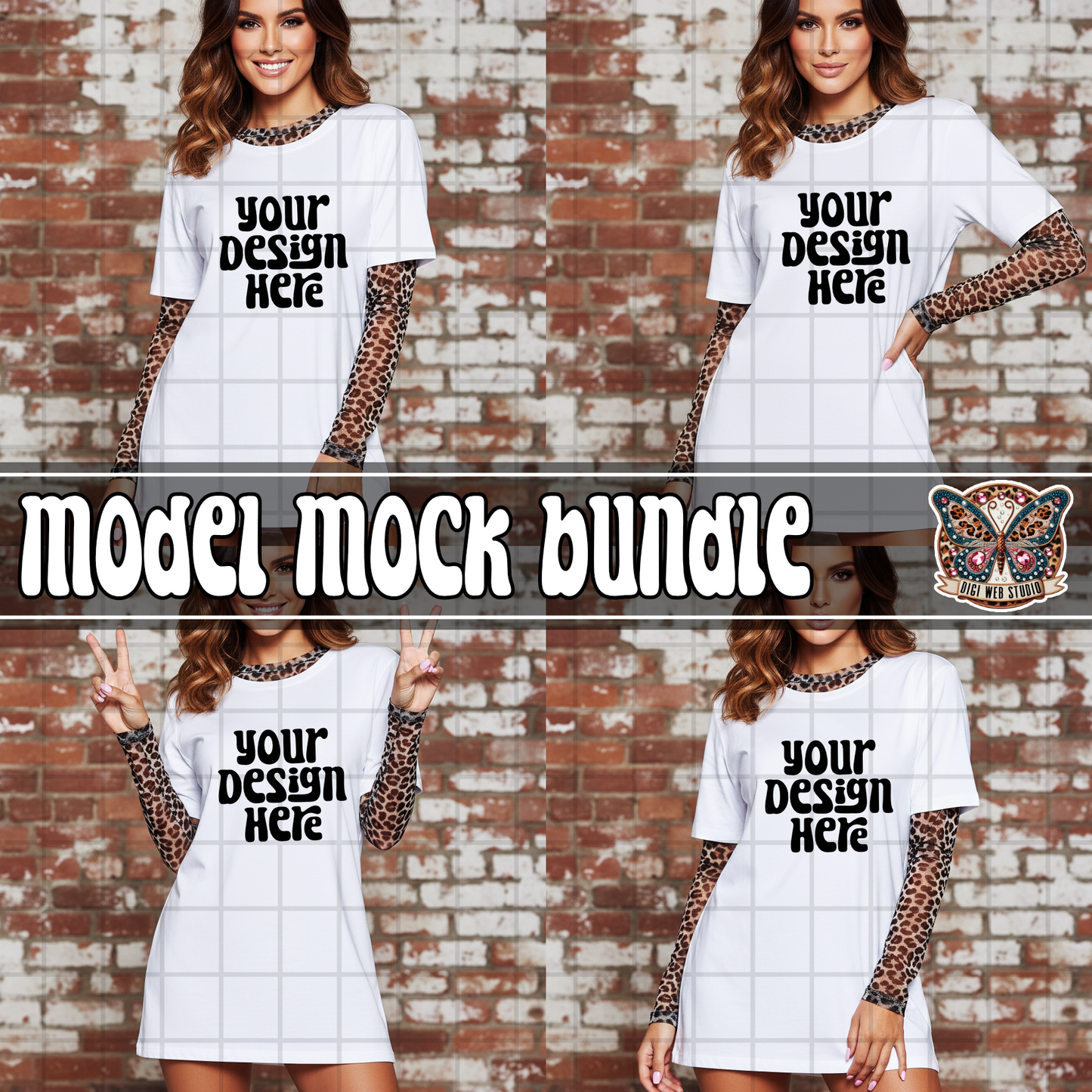 Model In Oversized Shirt w/ Leopard Long Sleeve 1 - Mock Bundle