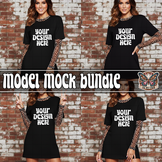 Model In Oversized Shirt w/ Leopard Long Sleeve 2 - Mock Bundle
