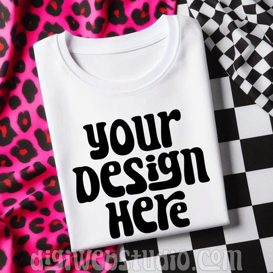 Checker and Pink Leopard White Shirt Mockup 1