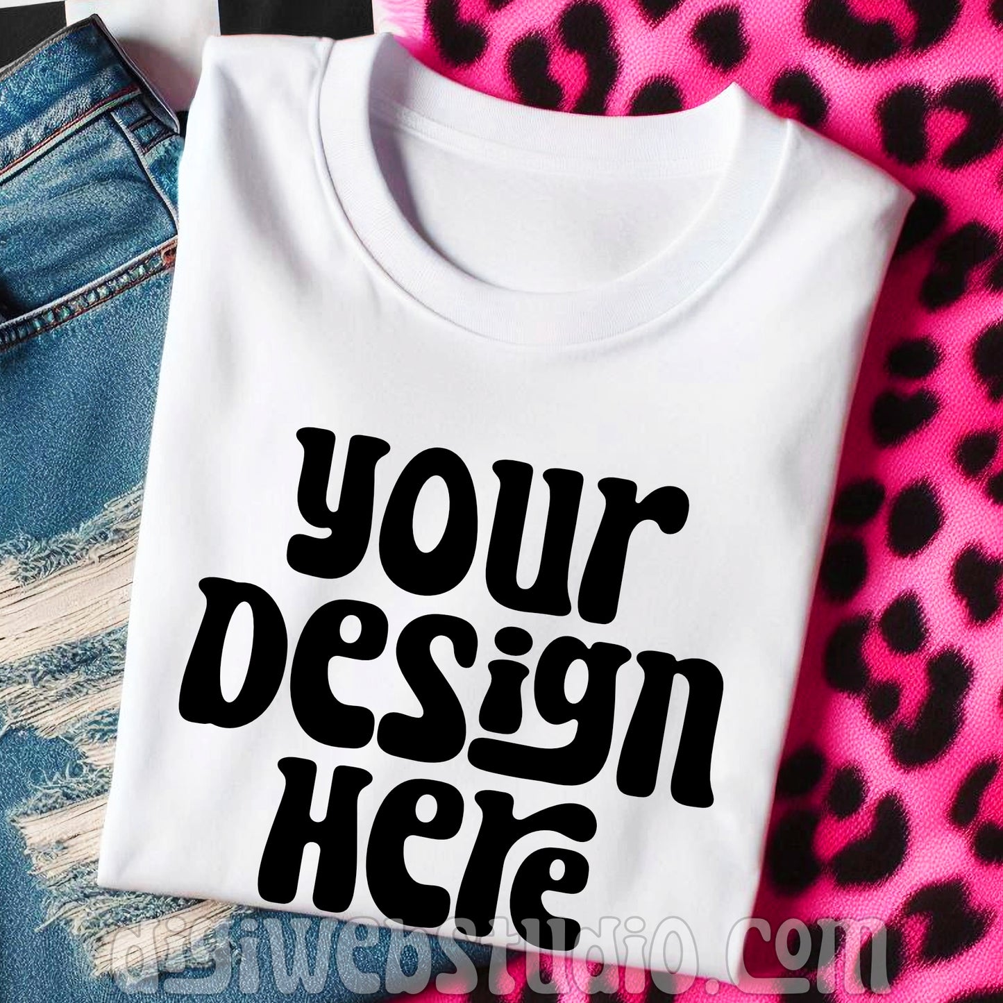 Checker and Pink Leopard White Shirt Mockup 2