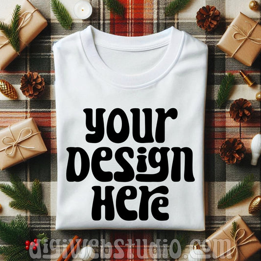 Christmas Plaid White Shirt Mockup 1