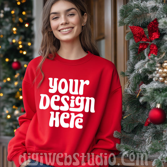 Christmas Gildan Red Sweatshirt Mockup 1