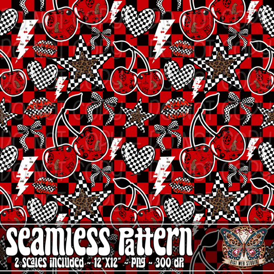 Checkers and Cherries 1 - Seamless Pattern