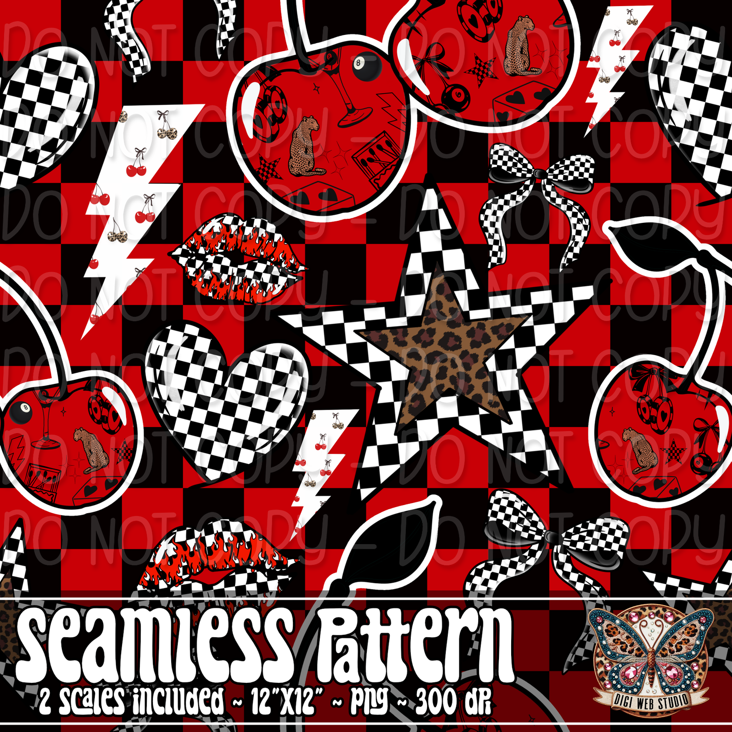 Checkers and Cherries 1 - Seamless Pattern